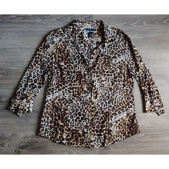 Karen Scott Medium Button Up Collared Leopard Print Shirt‎ 100% Cotton Pockets - Picture 1 of 9